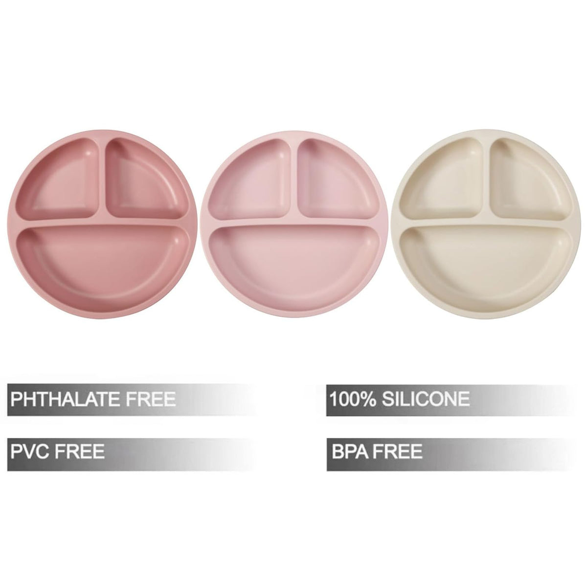 PandaEar 3 Pack Toddler Plates, Silicone Divided Suction Plate for Babies, BPA-Free 100% Food-Grade