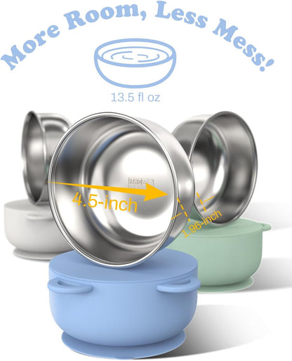 Baby Suction Bowls with Lids 4-Pack, 2-in-1 Stainless Steel 304 Toddler Bowl & Removable Silicone