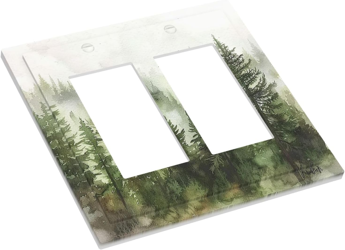 Decorative Outlet Covers Green Forest Watercolor Painting Foggy Pine 2 Gang Double GFCI Rocker