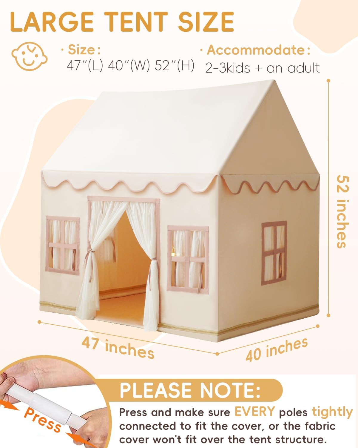 Large Kids Tent Playhouse Base Fabric with Star Lights, Flags and Tote Bags, Kids Play Tent Indoor