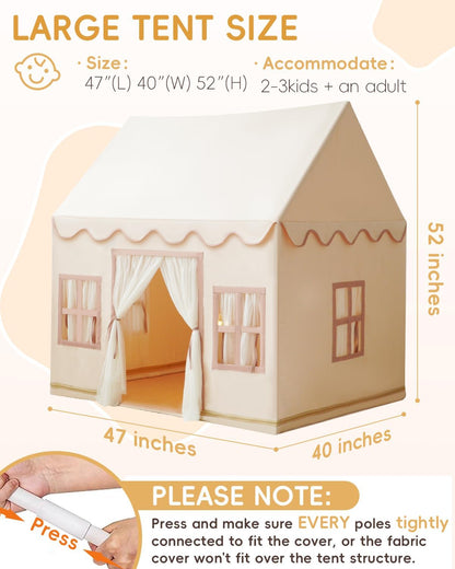 Large Kids Tent Playhouse Base Fabric with Star Lights, Flags and Tote Bags, Kids Play Tent Indoor