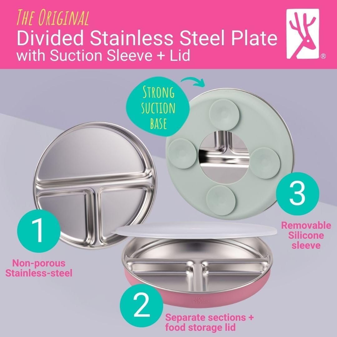 Elk and Friends Stainless Steel Divided Plates with Silicone Sleeve for Babies & Toddlers | Lids