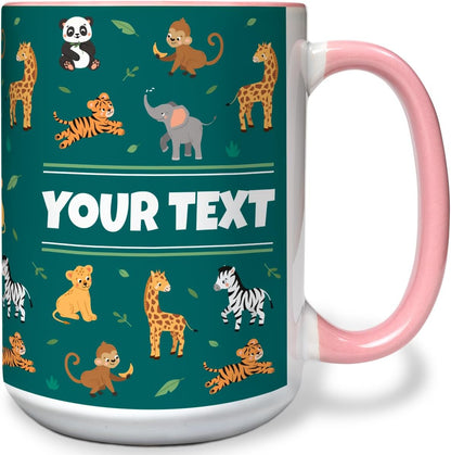 Personalized Mug for Kids - Zoo Animals - Custom Name/Text, Ceramic Hot Chocolate/Cocoa/Coffee Cup