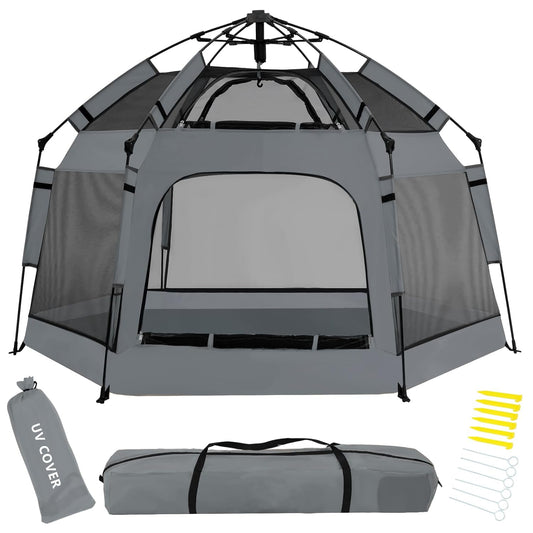 Pop Up Playpen for Babies with Canopy & Safety Lock - Outdoor Baby Playpen with 6 Ground Stakes & 6