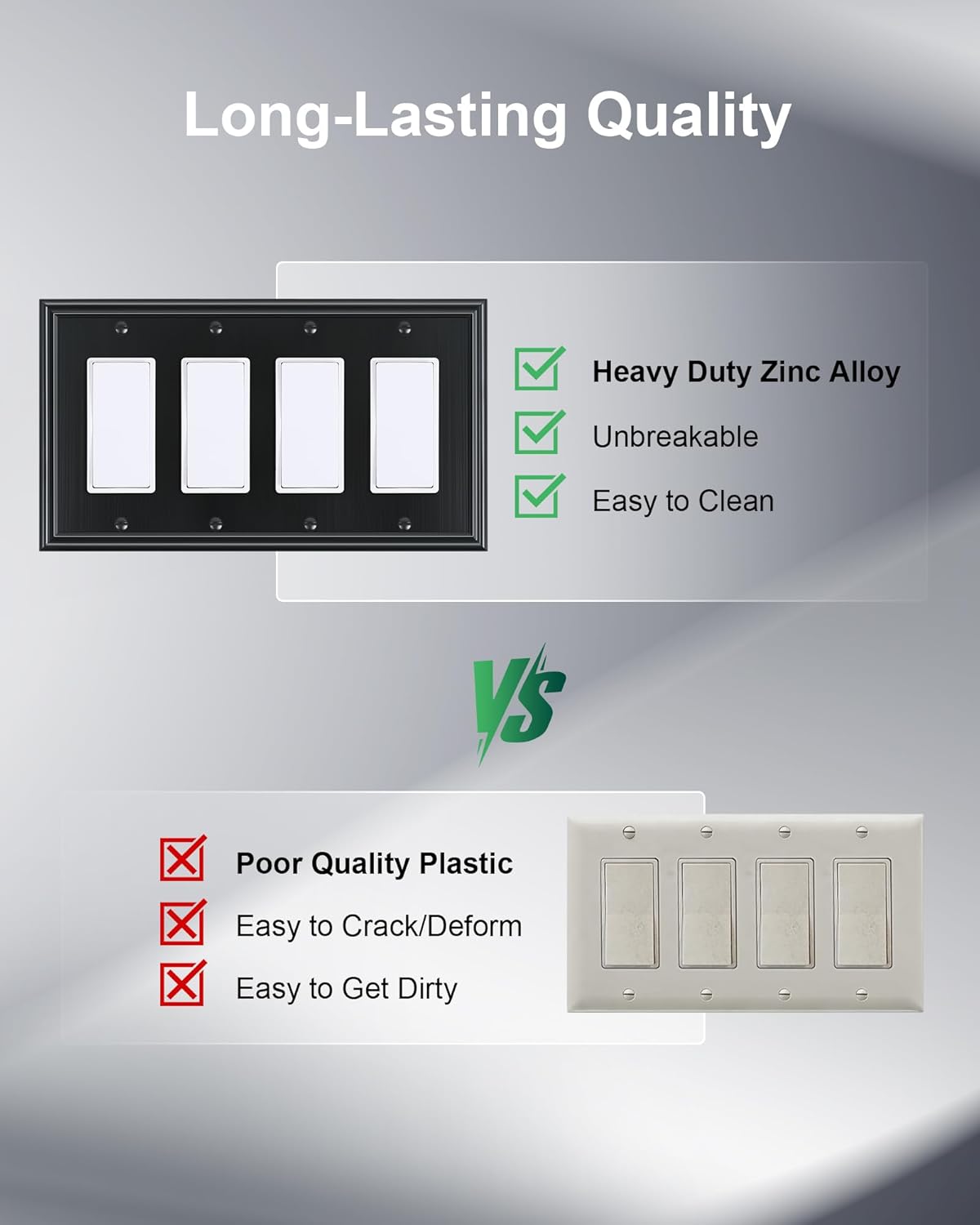 2-Pack Quad Decorator Outlet Cover Plate, Zinc Alloy Decorative Black Switch Plates and Outlet