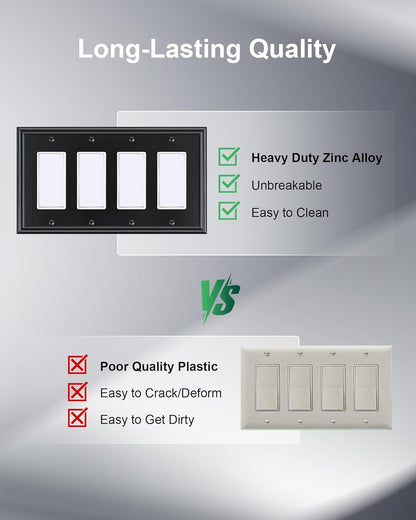 2-Pack Quad Decorator Outlet Cover Plate, Zinc Alloy Decorative Black Switch Plates and Outlet