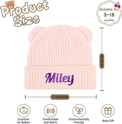 Personalized Baby Beanies Hats, Custom Embroidered Name Knitted Toddler Winter Bear Ear Hat