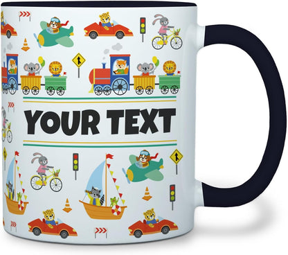 Personalized Mug for Kids - Vehicles - Custom Name/Text, Ceramic Hot Chocolate/Cocoa/Coffee Cup for
