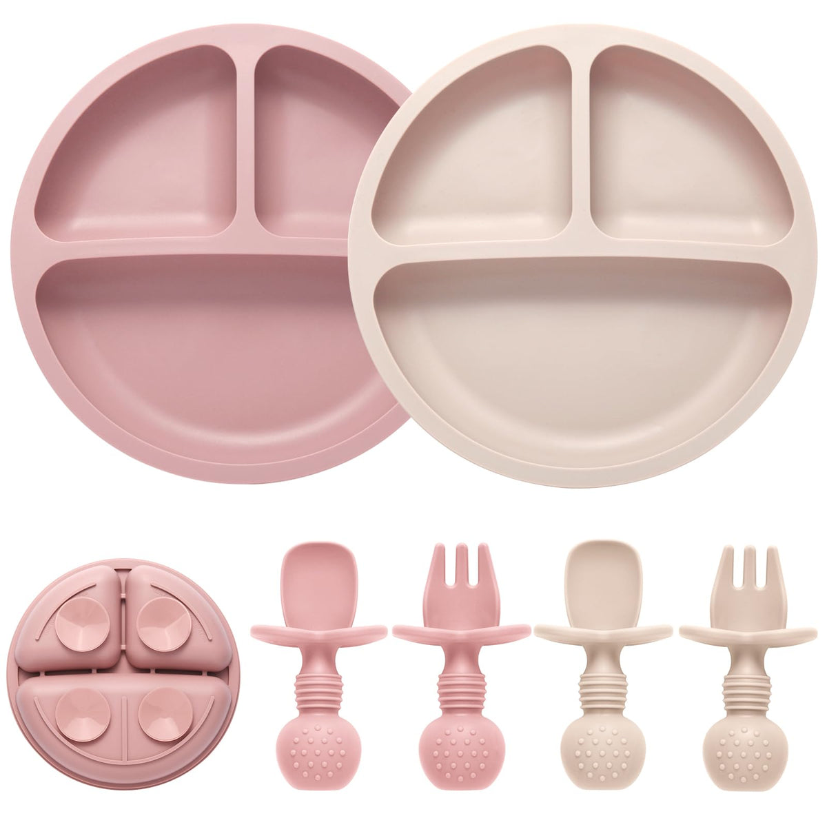 Eascrozn 2 Pack Divided Toddler Plates with Suction, Spoons and Forks Set