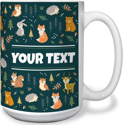 Personalized Mug for Kids - Woodland Animals - Custom Name/Text, Ceramic Hot Chocolate/Cocoa/Coffee