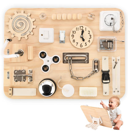 Wooden Busy Board for Toddlers - Montessori Sensory Activity Board for Fine Motor Skills and Early