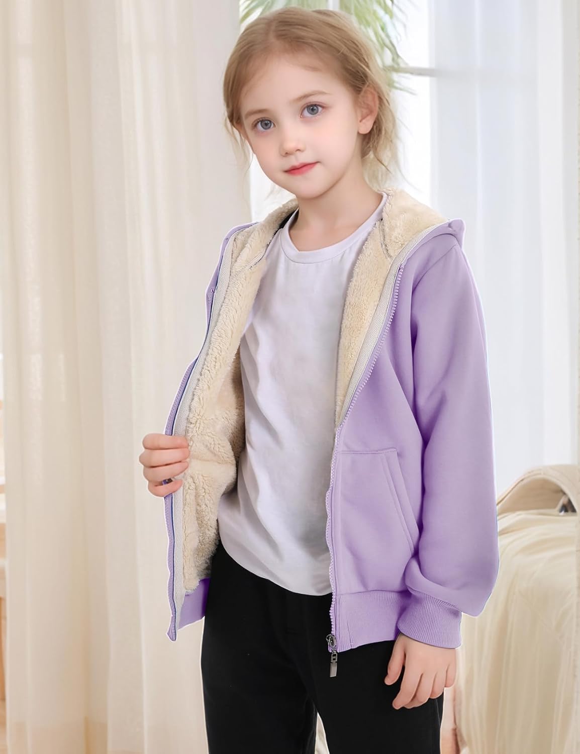 Gihuo Unisex Boy's Girls Winter Warm Sherpa Lined Zip Up Sweatshirt Fleece Jacket Kid's Hoodie