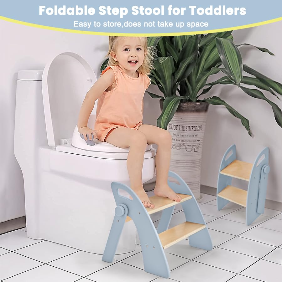 Reeple Wooden 2 Step Stool for Toddlers, Foldable 2-Step with Non-Slip Pads and Handles, Bamboo