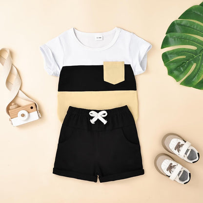 Baby Boy Clothes Toddler Boy Summer Outfits Short Sleeve Patchwork Top T-shirt & Pocket Pant Set 2