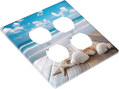 Outlet Covers Beach Waves Brown Wood Starfish Shells 2 Gang Double Duplex Decorative Light Switch