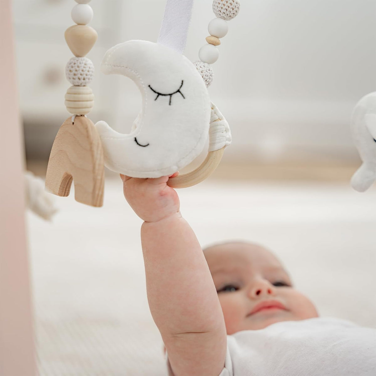 Comfy Cubs Wooden Baby Play Gym - Natural Finish Pinewood Baby Activity Gym with 5 Sensory Hanging