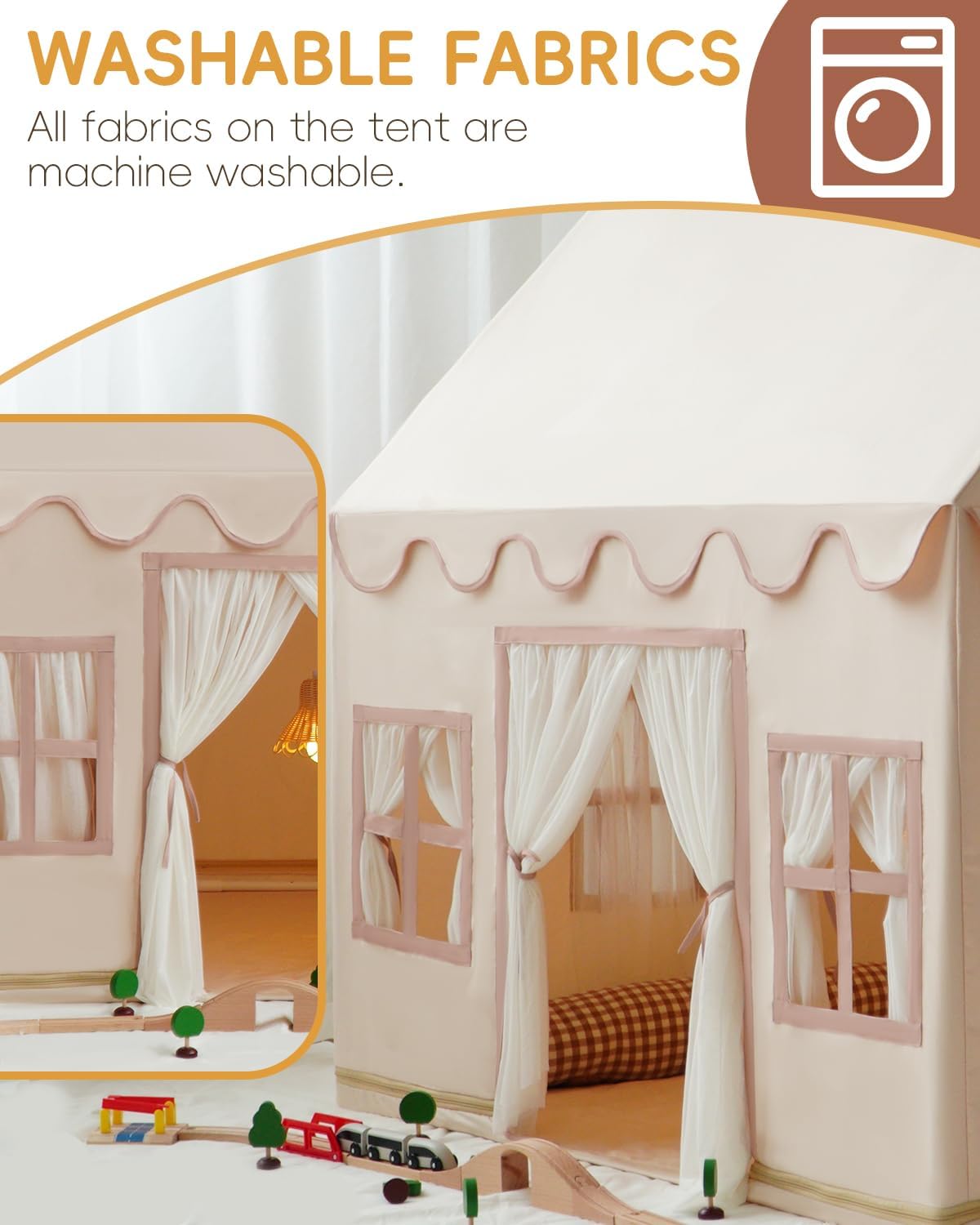 Large Kids Tent Playhouse Base Fabric with Star Lights, Flags and Tote Bags, Kids Play Tent Indoor