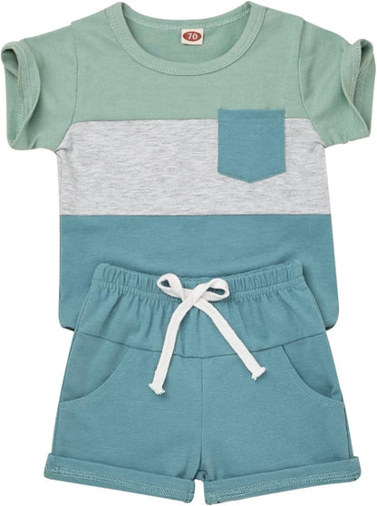 Baby Boy Clothes Toddler Boy Summer Outfits Short Sleeve Patchwork Top T-shirt & Pocket Pant Set 2