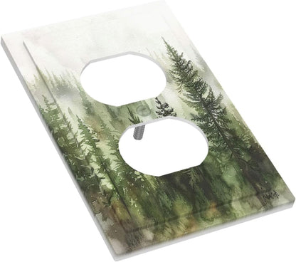 Outlet Covers Green Forest Watercolor Painting Foggy Pine 1 Gang Duplex Wall Plate Decorative