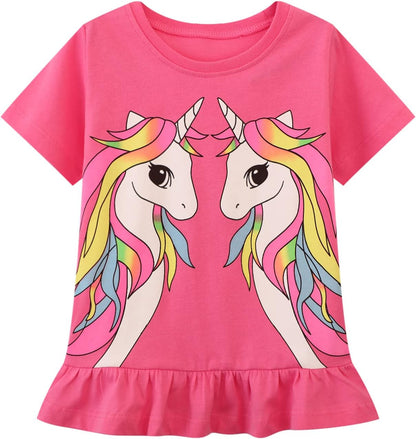 HILEELANG Girls' Tees Ruffle Short Sleeve T-Shirt Cotton Casual Graphic Summer Crewneck Tunic Tops