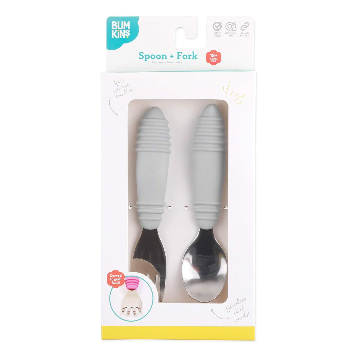Bumkins Toddler Utensils, Kids Size Fork and Spoon Set, Silicone and Stainless-Steel Training