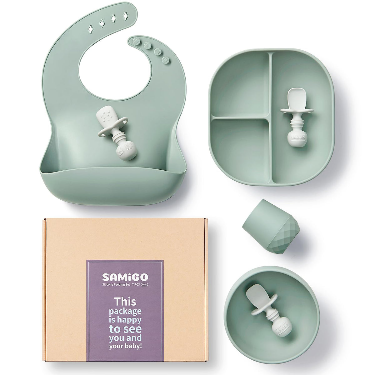 SAMiGO Silicone Baby Feeding Set, Baby Led Weaning Supplies, Suction Bowl Plate Bib Cup Self