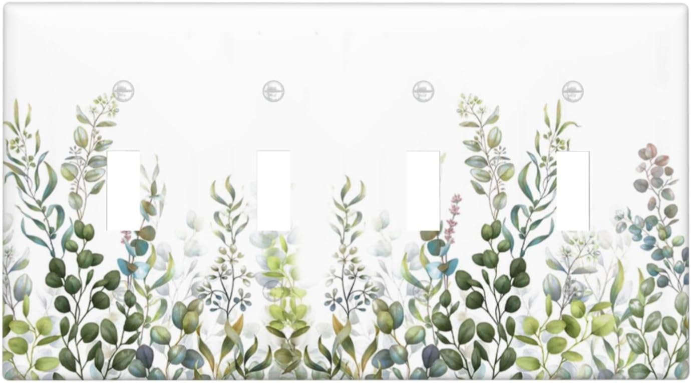 Green Eucalyptus Leaf Plant Herbs Springnature Light Switch Covers Quad Toggle Electrical Faceplate