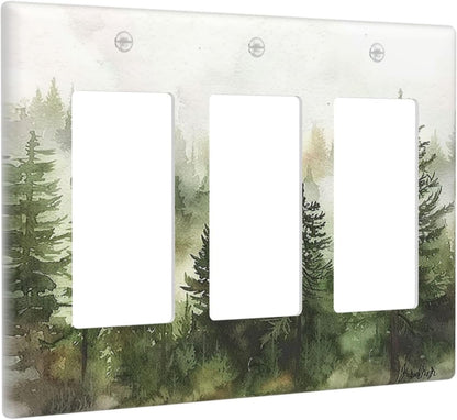 Light Switch Covers Green Forest Watercolor Painting Foggy Pine 3 Gang Rocker Electrical GFCI
