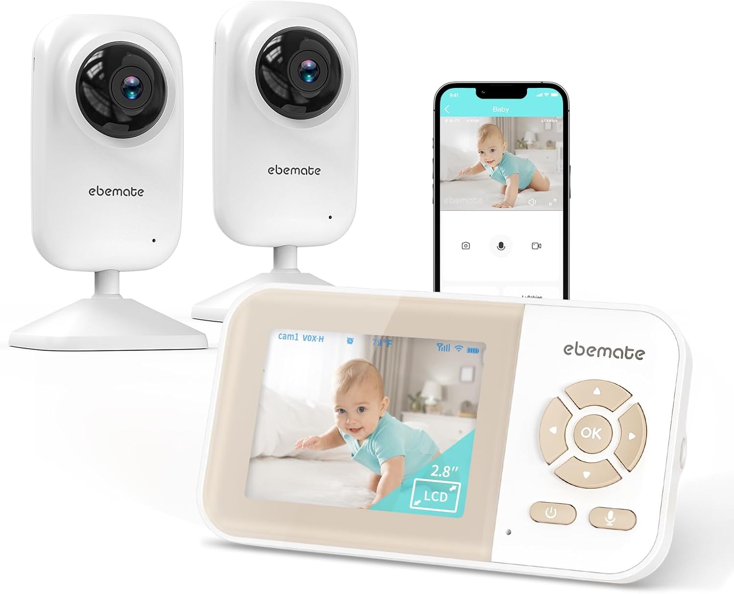 ebemate Video Baby Monitor Camera with 2 Camera,2.8" LCD Screen Video & Audio No Glow Night