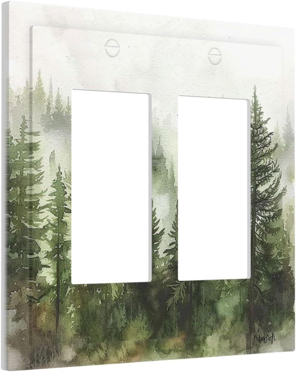 Decorative Outlet Covers Green Forest Watercolor Painting Foggy Pine 2 Gang Double GFCI Rocker