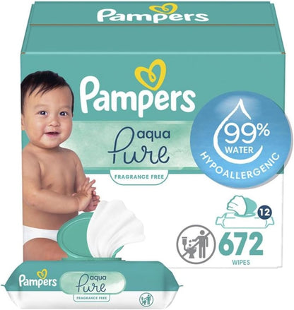 Pampers Baby Wipes Aqua Pure, 99% water-based wipes, Hypoallergenic and Unscented Baby Wipes, 672