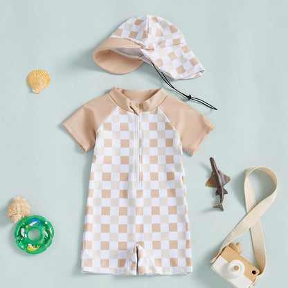 MAYUMMPY Baby Boys Girls Swimwear Casual Zipper One Pieces Rash Guard Swimsuit and Hat Beachwear