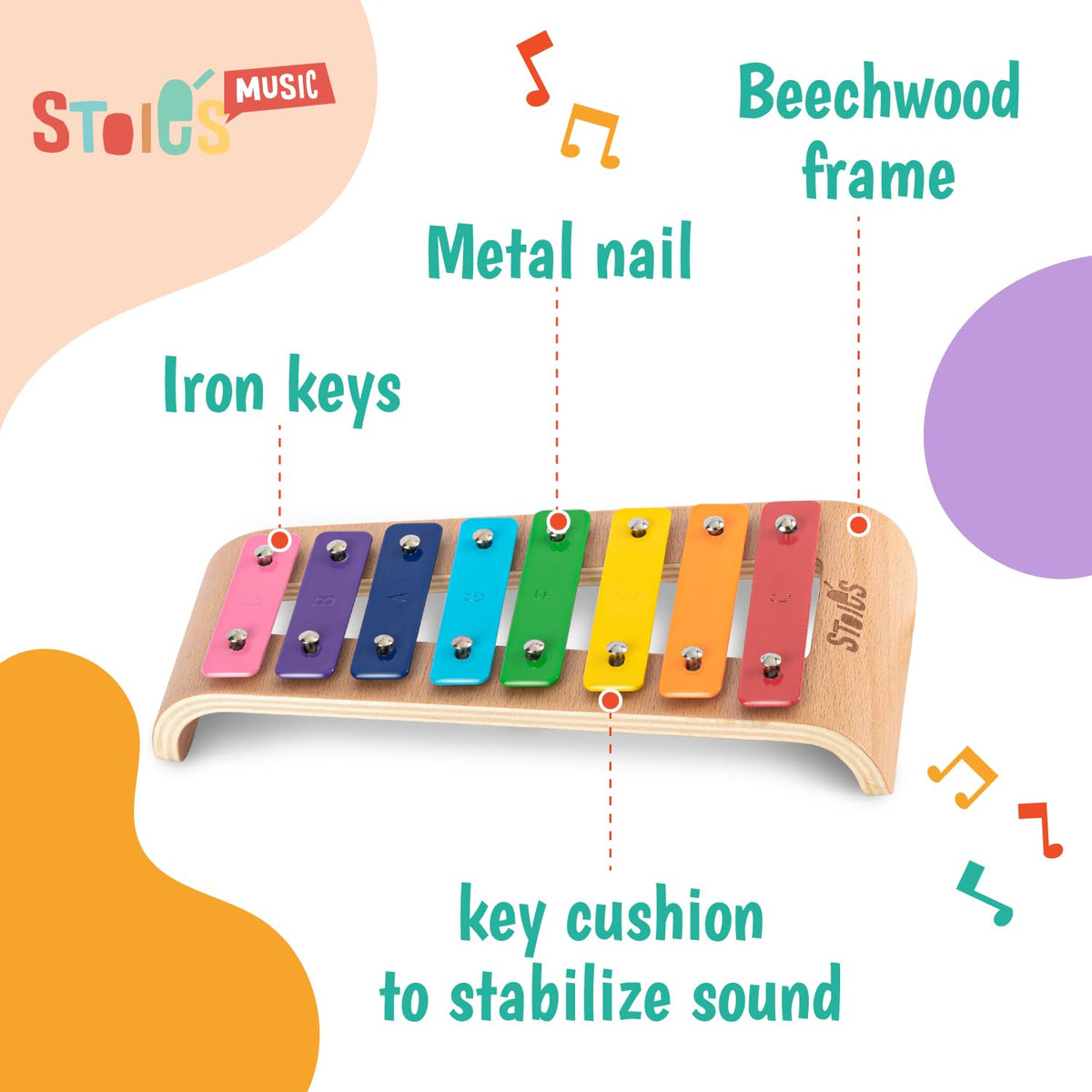 Stoie's Wooden Xylophone for Kids and Toddlers, Curved Design, 8 Notes of Rainbow Color, Tuned