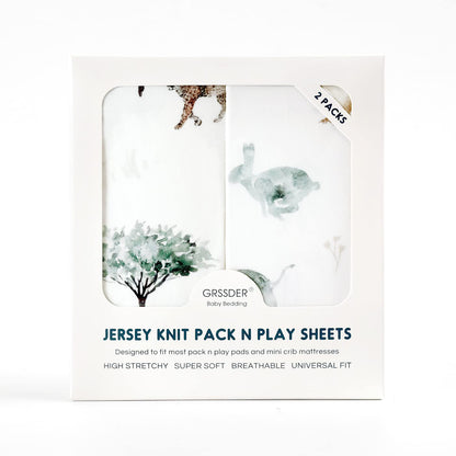 Stretchy Ultra Soft Jersey Knit Fitted Pack n Play Sheets Set 2 Pack, Portable/Mini Crib Sheets for