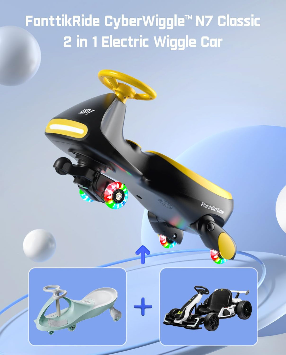FanttikRide 6V N7 Classic Electric Wiggle Car with Pedal, Rechargeable Battery, Ride on Toys, Swing