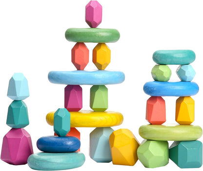 OESSUF Stacking Rocks 26Pcs Stacking Blocks Balancing Stones Wooden Building Toys Wood Stone