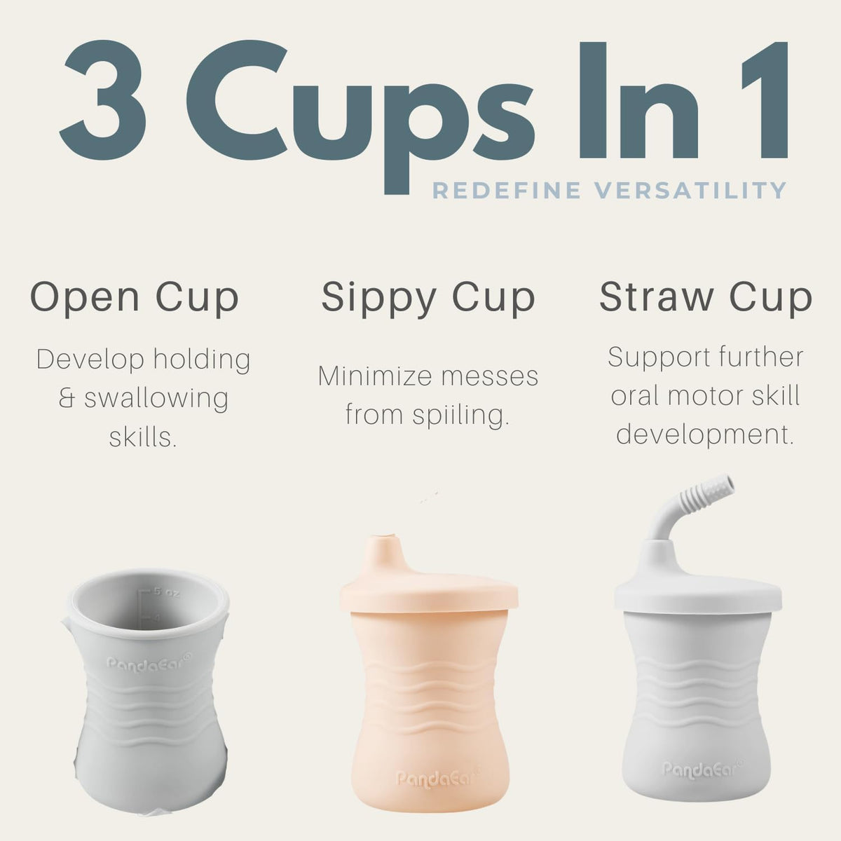 PandaEar Silicone Training Cup, 3 Pack Baby Drinking Sippy Cups with Straw for Baby and Toddler 6