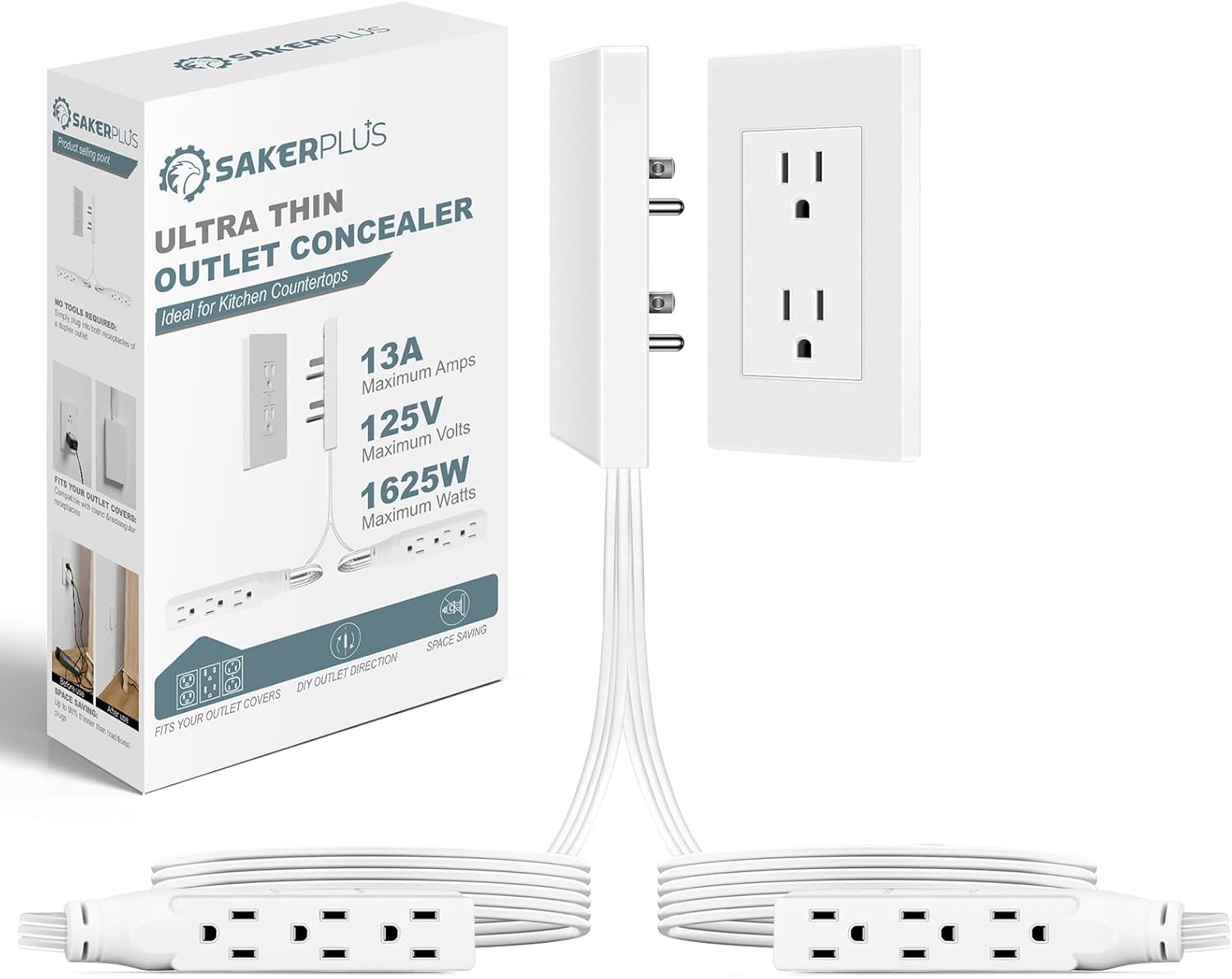 Outlet Concealer Power Strip-Outlet Cover Extender with 3AC Outlets-5ft Flat Plug Extension