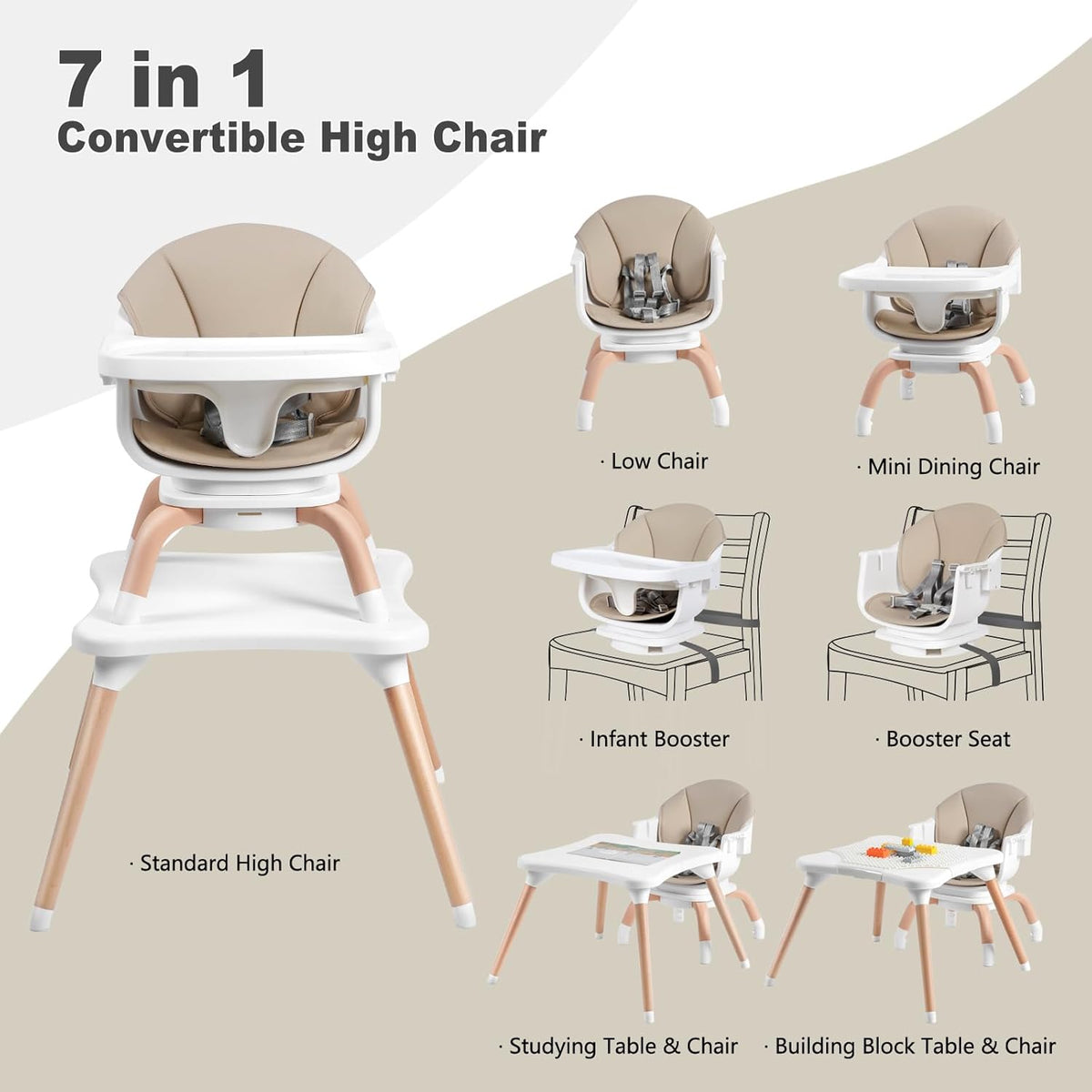 Baby High Chair, 7 in 1 Convertible High Chairs for Babies and Toddlers, Kids Learning Table