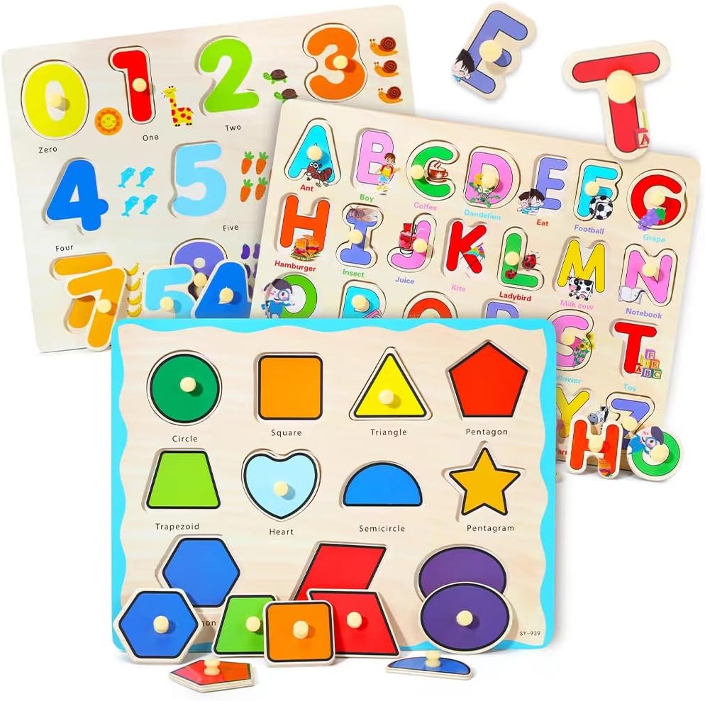 GRINNNIE Wooden Montessori Toddler Puzzles for 1 2 3 4 Years Old, 3 Pcs (Number, Letter, Shape)