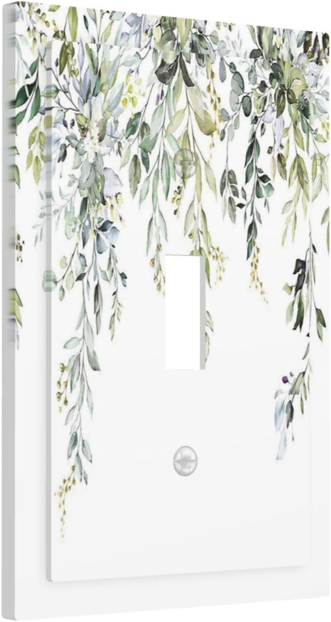 Decorative Light Switch Cover Boho Farmhouse Flower Leaf Sage Green 1 Gang Single Toggle Device