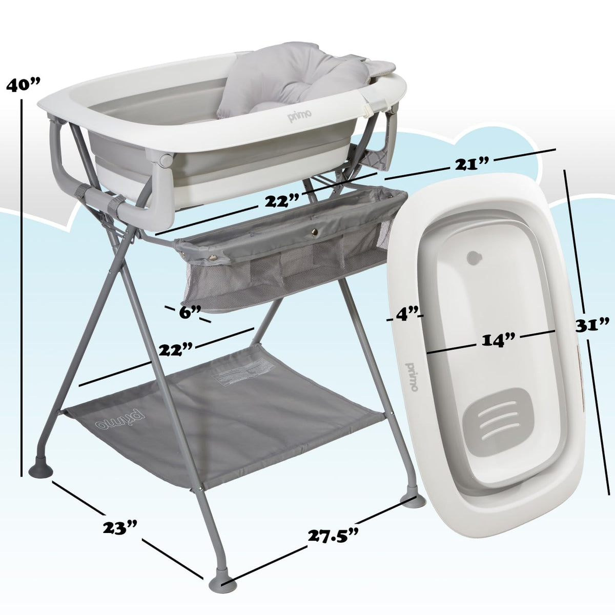 Primo SquishSplash Collapsible Baby Bath & Folding Stand With Ergonomic Infant Cushion for Newborns