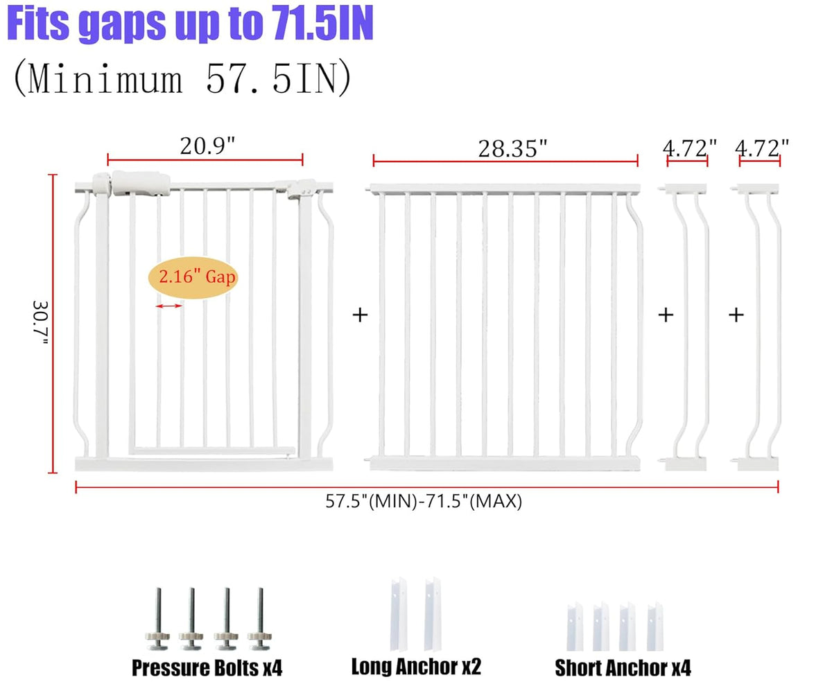 Extra Wide 67-71.5 Inch Baby Gates for Stairs, Doorways - No Drilling, Pressure Mounted Pet Gates