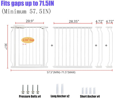 Extra Wide 67-71.5 Inch Baby Gates for Stairs, Doorways - No Drilling, Pressure Mounted Pet Gates