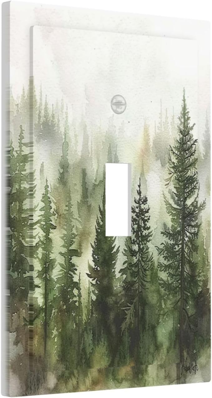 Decorative Light Switch Cover Green Forest Watercolor Painting Foggy Pine 1 Gang Single Toggle