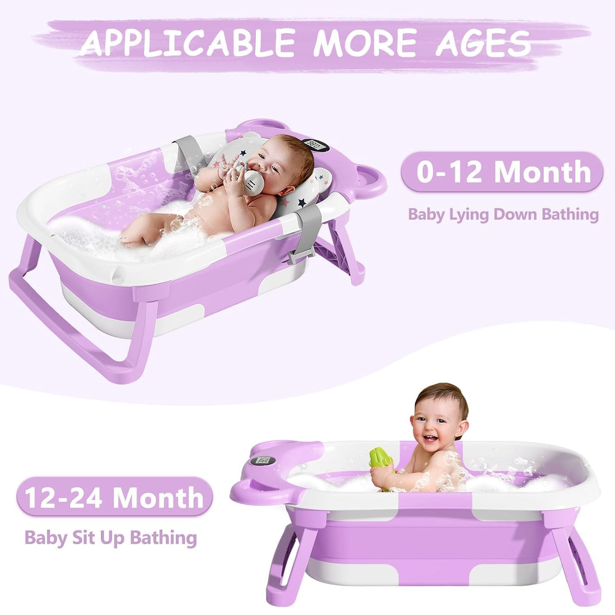 TPN Collapsible Baby Bathtub, Baby Bath Tub with Soft Cushion & Real-Time Thermometer, Baby Bathtub