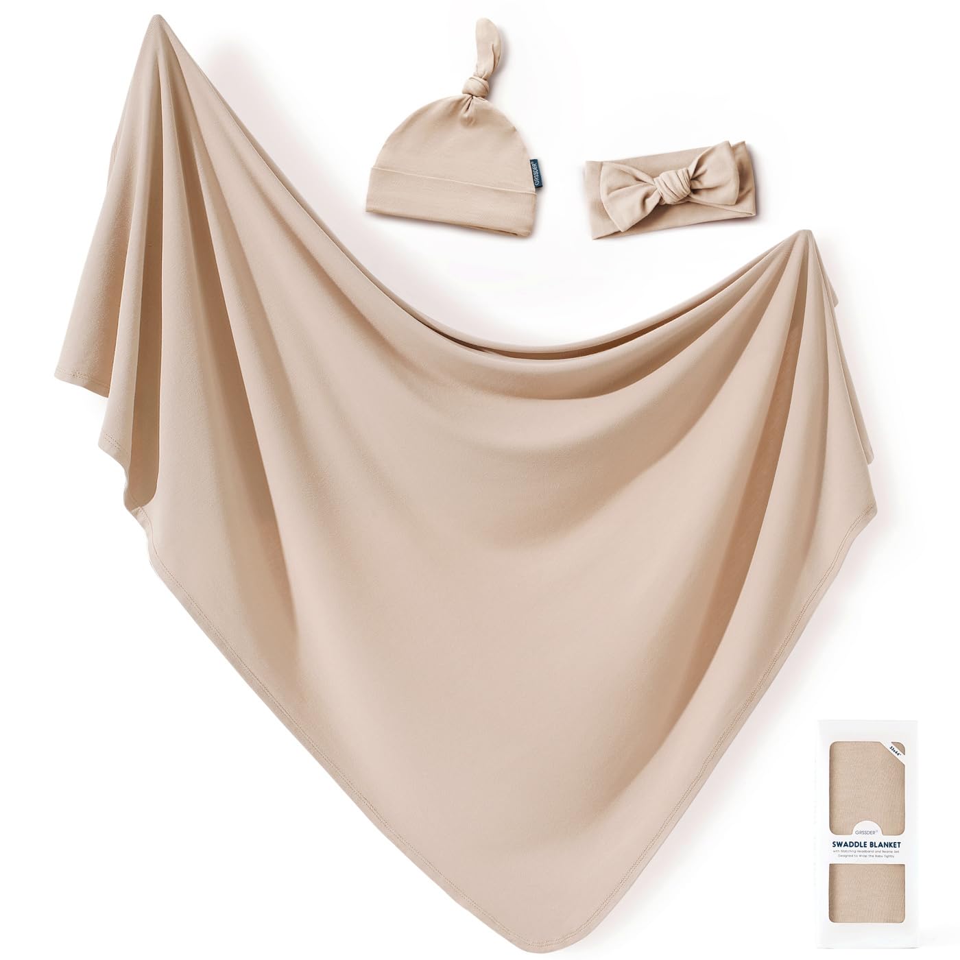 GRSSDER Newborn Swaddle Blanket, Ultra Soft Jersey Receiving Blanket with Matching Headband and