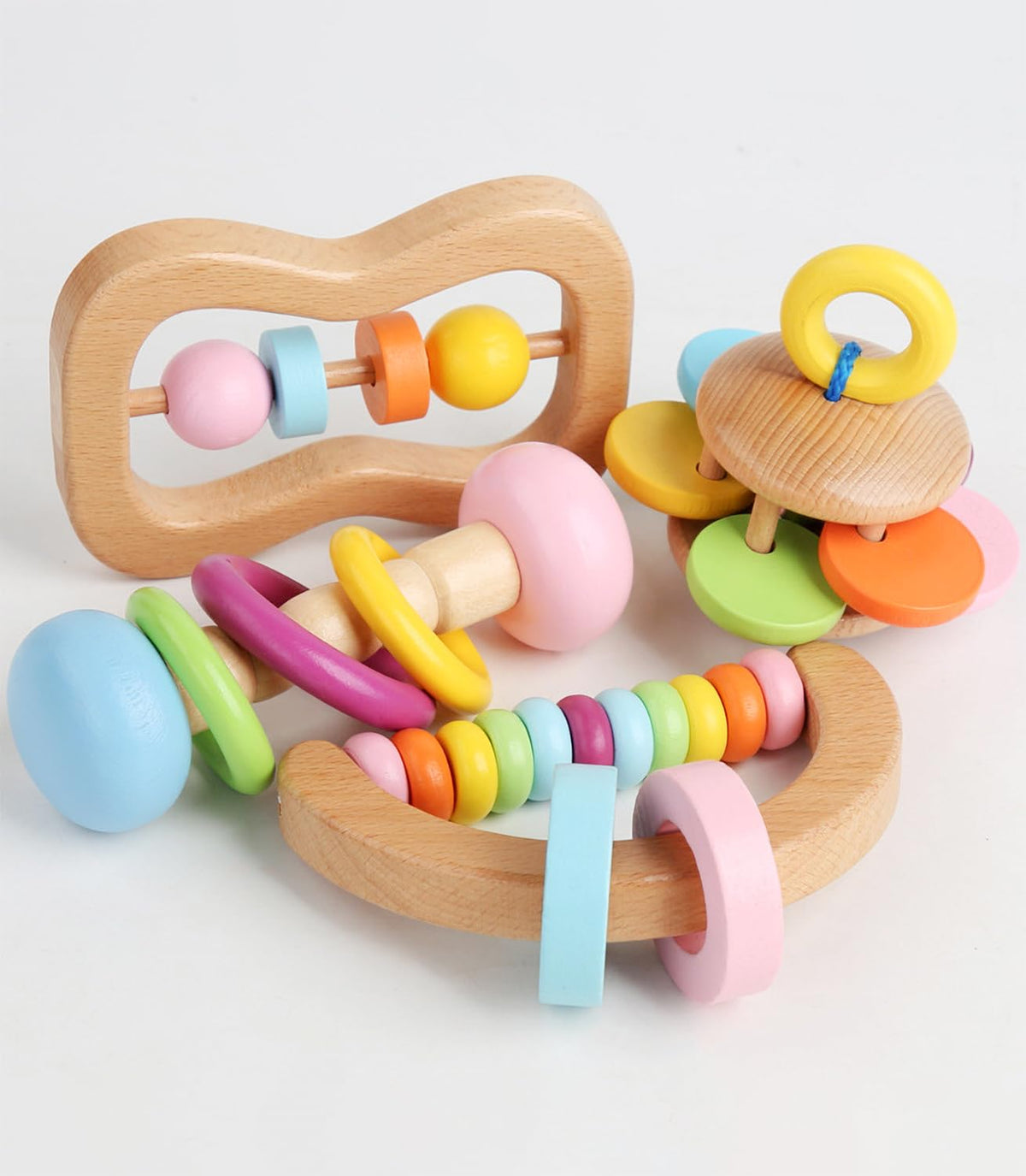 4 PCS Wooden Baby Rattle, Organic Colorful Baby Rattles Set, Wood Rattles for Babies 0-6-12 Months