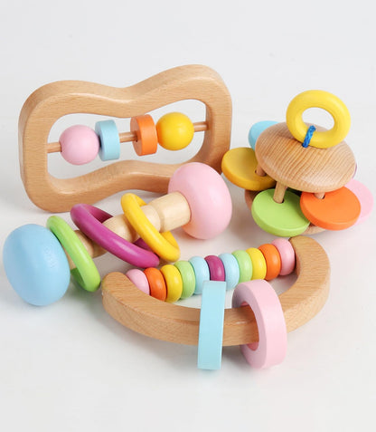 4 PCS Wooden Baby Rattle, Organic Colorful Baby Rattles Set, Wood Rattles for Babies 0-6-12 Months