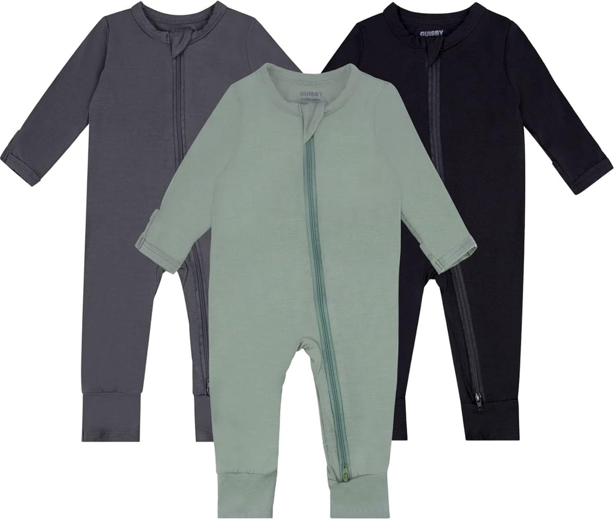GUISBY Baby Pajamas with Mitten Cuffs - 3Pcs Girls Boys 2 Way Zipper Long Sleeve Rayon Sleepers